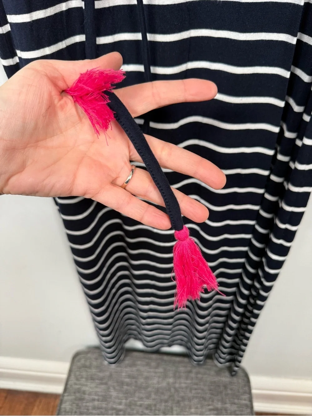 EMBROIDERED TASSEL-BELT STRIPE JERSEY MAXI DRESS, SIZE MP, GREAT CONDITION